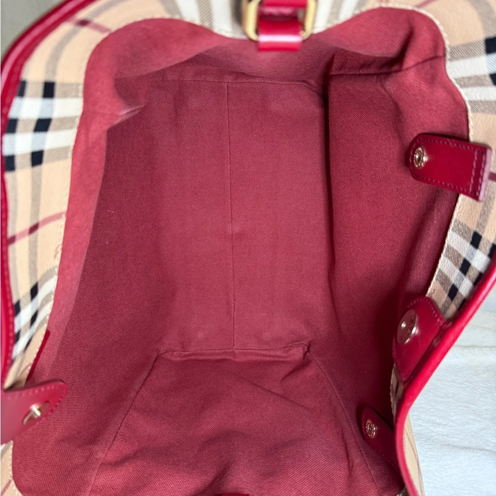 Burberry Tan Plaid Tote with Burgundy Trim - Picture 6 of 9